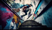  A Man Riding A Skateboard Down The Side Of A Flight Of Stairs Next To A Graffiti Covered Wall With A Handbag In His Other Hand.  Generative Ai