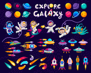 Poster - Cartoon kids astronaut in space, planet and rocket
