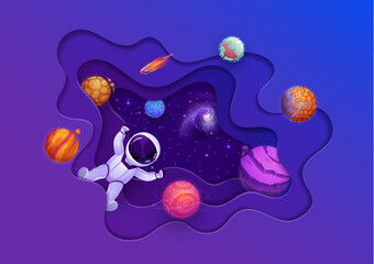 Poster - Cartoon space paper cut with astronaut and planets