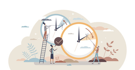 Daylight saving time and change clock to one hour back tiny person concept, transparent background. Fall back and turn spring forward season switch reminder scene illustration.