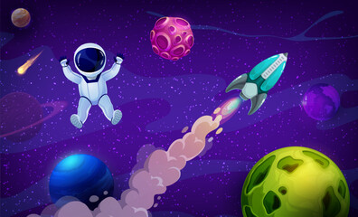 Poster - Rocket spaceship, planets and cartoon astronaut