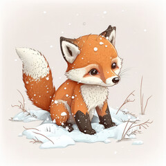 Wall Mural - Cute baby fox with snow. Cartoon animal character winter composition. Little fox in snowy weather. 3d render illustration. Generative AI art.