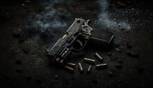  A Gun With Bullet Shells On A Black Surface With Smoke Coming Out Of The Gun And The Bullet Shells On The Ground Are Scattered Around It.  Generative Ai