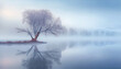  a lone tree in the middle of a lake with a fog in the air and a mountain in the background with a reflection in the water.  generative ai