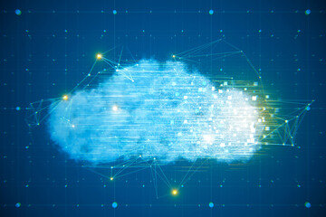 Aufkleber - Cloud computing and data storage concept with graphic cloud with pixels, lights and lines on abstract blue wall background. 3D rendering