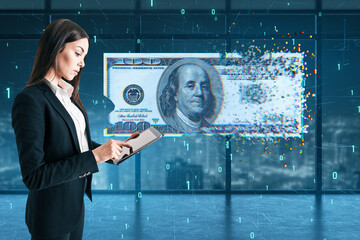 Poster - Attractive young european businesswoman using tablet with digital dollar bill on blurry tech office background with binary coding. Business and finance concept.