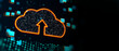 Cloud computing and data transfer concept with digital cloud symbol with arrow inside covered by binary code on dark background with space for your advertising logo or poster. 3D rendering, mock up