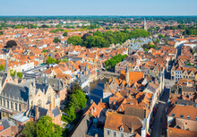High Angle View Of Bruges And Buildings Around Dijver Canal, West Flanders, Belgium