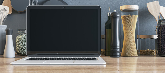 Aufkleber - Front view on blank dark modern laptop screen with space for your logo or web page advertising on wooden table with kitchenware on grey wall background. 3D rendering, mockup
