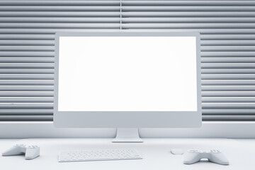 Modern computer monitor with light blank screen with place for web design or website on white work table with joystick and keyboard on window background closed by blinds. 3D rendering, mockup, closeup