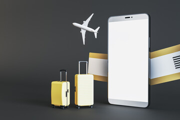 Wall Mural - Mobile booking and travel concept with suitcases near modern smartphone with blank white screen space for your application or web design, airplane and tickets on dark background. 3D rendering, mock up