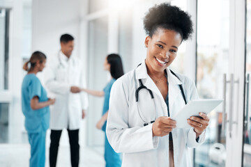 Poster - Research, portrait and black woman with tablet for healthcare, medicine and internet information. Schedule, communication and African doctor with technology for medical service, telehealth and email