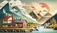  A Painting Of A Mountain Scene With A River And A House In The Foreground And A Bridge In The Middle Of The Scene With Mountains In The Background.  Generative Ai