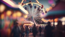  A Blurry Photo Of A Carnival With A Ferris Wheel In The Foreground And People Walking Around The Fairground At Night With Lights.  Generative Ai