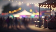  A Blurry Photo Of People Walking Around A Fairground At Night With Lights On The Ceiling And A Tent In The Background With People Walking Around.  Generative Ai