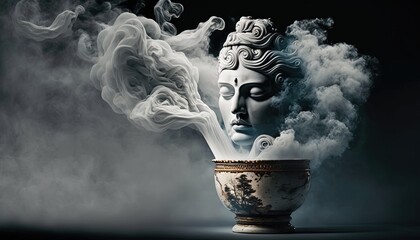 Wall Mural -  a buddha statue in a bowl with smoke coming out of its head and head in the bowl on a dark background with a black background.  generative ai