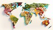 © Shanti - a map of the world made up of a variety of fruits and vegetables, including apples, oranges, grapes, bananas, and other fruits.  generative ai