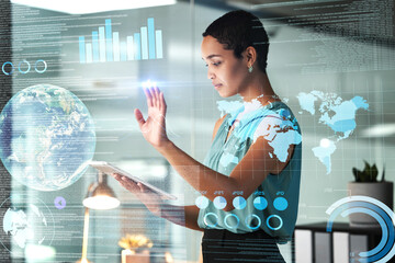 Leinwandbilder - Globe, tablet and overlay with a business black woman using an ai or ux interface to access the metaverse of data. Digital, finance and information with a global network working on a 3d hologram