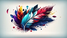 Multicoloured Feather Wallpaper On White Background. Generated By AI.