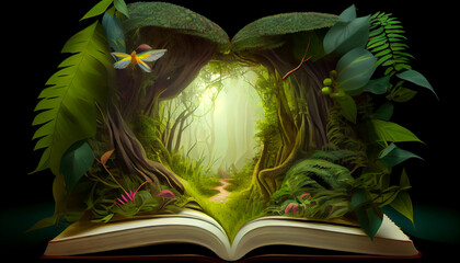 A tropical forest jungle appearing from opening book, generative ai