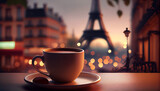 Fototapeta  - Cup of delicious coffee on blurred background of Paris view with Eiffel tower, generative ai