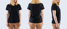Template Of A Women's T-shirt Of Black Colors. Front View, Side View, Back View. Mockup