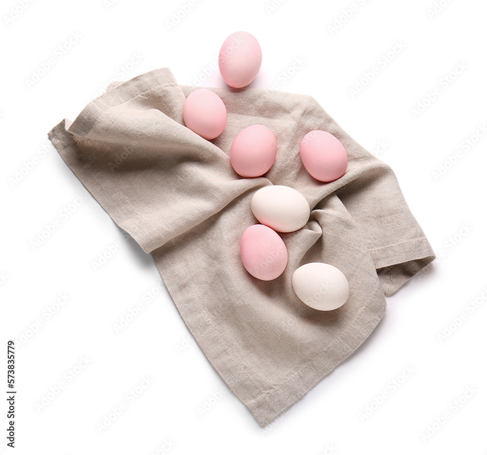Napkin with painted Easter eggs on white background