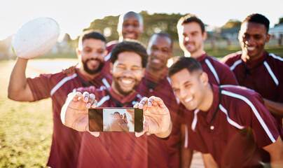 Wall Mural - Portrait, phone and selfie of rugby team on field after exercise, workout or training. Teamwork, sports and group of friends, men or players take pictures for happy memory or social media with mobile