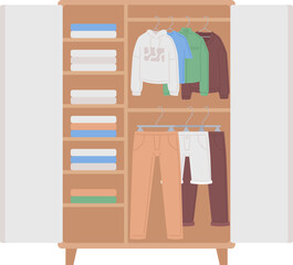 Poster - Wardrobe with organized clothes and shelves semi flat color vector object. Bedroom closet. Editable icon. Full sized item on white. Simple cartoon spot illustration for web graphic design, animation