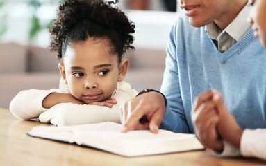 books, story and reading with man and children for education, fantasy or bonding. happy, learning an