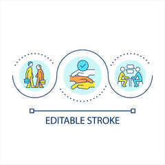 Sticker - Inclusive interaction in workplace loop concept icon. DEI program provided. Employee collaboration abstract idea thin line illustration. Isolated outline drawing. Editable stroke. Arial font used