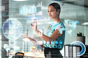 Poster - World, tablet and overlay with a business black woman using an ai or ux interface to access the metaverse of data. Digital, future and information with a global network working on a 3d hologram