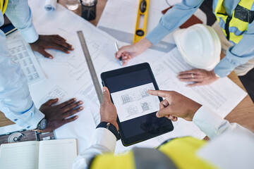 Aufkleber - Architect, hands and tablet in construction above for team planning, strategy or floor plan for project layout at office. Hand of group on touchscreen in engineering design for building architecture