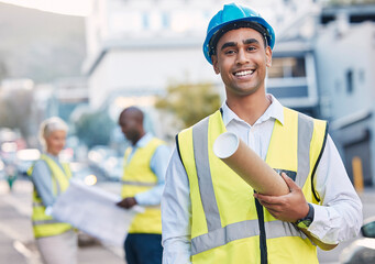 Aufkleber - Construction, architect and blueprint with man in portrait, smile and project plan at job site, contractor and happy leader. Mockup space, helmet for safety and architecture in building industry