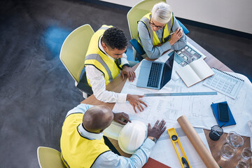 Poster - Architect, laptop and team in meeting above for construction or building planning strategy at office. Group of diverse engineers discussing floor plan, project layout or blueprints for architecture