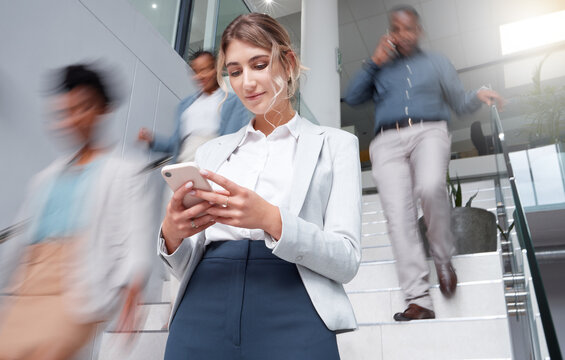 business woman, smartphone at office with motion blur and communication, fast pace and busy with tec