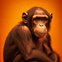 Wall Mural - Chimpanzee on an orange background. Generative AI.