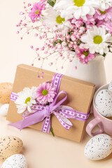 Wall Mural - Gift box, Easter eggs and flowers