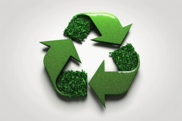 Green recycling icon against white background. Generative AI