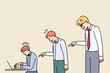 Manager scolding subordinate in office. Employer and boss lecturing supervising intern. Concept of work subordination and supervision. Vector illustration. 