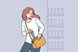 Woman stealing beauty product from shelf in shop. Suspicious female shoplifting in cosmetics store or boutique. Kleptomania. Vector illustration. 