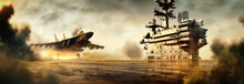 Panoramic View Of A Generic Military Aircraft Carrier Ship With Fighter Jets Take Off During A Special Operation At Airforce Support, Wide Poster Design With Copy Space Area