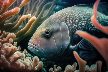 Wall Mural - Fish is swimming gracefully in a coral reef. Macro Zoom. Generative AI