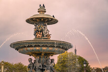 Maritime Fountain On The Place De La Concorde Square In Paris, France At Sunset