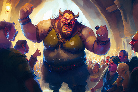 A giant ogre, with a big belly and sharp teeth, threatening a group of terrified villagers, generative ai