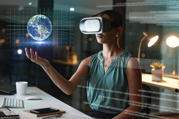 Poster - Vr, 3d earth and business woman in office with global overlay, digital hologram or cyber network at night. Virtual reality, world metaverse and female with holographic future globe for globalization