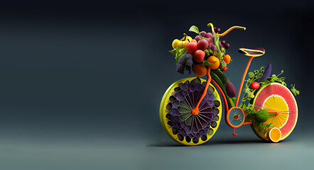 Bicycle made with fruits and vegetables, healthy active lifestyle, fitness concept, weight loss, generative AI
