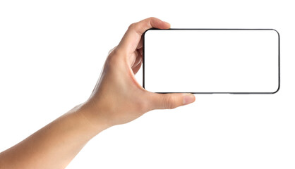 Poster - Hand holding smartphone with blank screen,mockup with copy space for advertising online