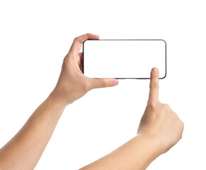 Poster - Hand holding smartphone with blank screen,mockup with copy space for advertising online