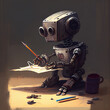 Artificial intelligence robot drawing a picture, cyborg artist replacing humans, futuristic technology, generative AI